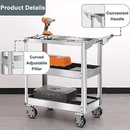 3-Tier 14 Gauge Stainless Steel Utility Cart, 1100 lbs Heavy Duty Service Cart with Wheels, Rolling Tool Cart on Wheels for Mechanic, Garage, Workshop, Warehouse, 15.75" D x 30.7" W x 36.2" H