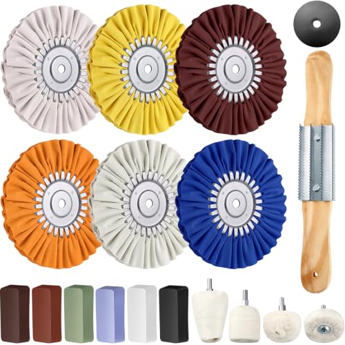 Liliful 18 Pcs 8" Airway Buffing Wheel, Aluminum Wheel Polishing Kit in Diameter 5/8 Inch Arbor Hole, Polishing Compound and Aluminum Metal Rake Kit for Angle Grinder Mirror Finish - color: Bright Color