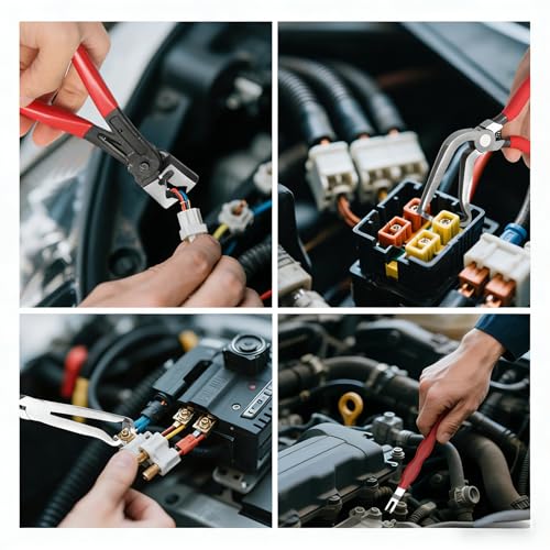 5-Pcs Kit Electrical Disconnect Pliers Set with Gloves - Auto Connector Tool for Fuel Line, Wiring, Sensors & Coils | Quick-Release Car Truck Repair (Red)