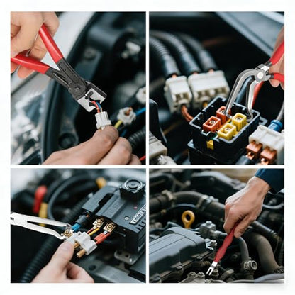 5-Pcs Kit Electrical Disconnect Pliers Set with Gloves - Auto Connector Tool for Fuel Line, Wiring, Sensors & Coils | Quick-Release Car Truck Repair (Red)