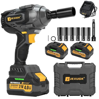 JEXUGK 1700Nm Impact Wrench, Cordless 1/2" Impact Gun with 2 x 4.0Ah Battery, Brushless High Torque Electric Impact Driver with 6 Socket & Extension Rod, Taladro De Impacto for Home Car Truck Tire Lug