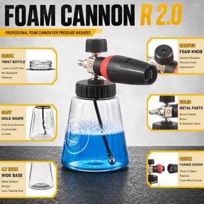 Raincovo Foam Cannon R 2.0 with Wide Mouth and Base, Adjustable Snow Foam for Pressure Washer, Thick Soap Cannon for Car Wash, 1/4 Inch Quick Connector