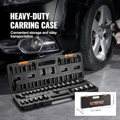 VEVOR 3/8" Drive Impact Socket Set, 29 Piece Shallow Socket Set SAE 3/8"-1" and Metric 8-22mm, 6 Point CR-V Alloy Steel for Auto Repair, Easy-to-Read Size Markings, Rugged Construction, Storage Case - style: 3/8" 29PCS CR-MO