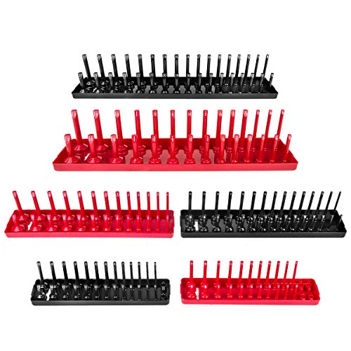 AIUITIO 6PCS Socket Organizer Tray Set, Red SAE & Black Metric Socket Storage Trays, 1/4-Inch, 3/8-Inch & 1/2-Inch Drive Deep and Shallow Socket Holders for Toolboxes