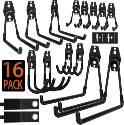 KOFANI Steel Garage Storage Hooks - 16 Pack Anti-Slip Coating, Heavy Duty Wall Mount Hooks for Hanging Bike, Ladder, Garden Tools - color: Black, size: 16 Pack