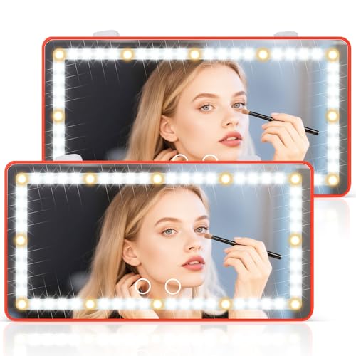 SINGARO 2PCS Car Sun Visor Vanity Mirror - Rechargeable Makeup Mirror with 60 LEDs, 3 Light Modes & Dimmable Touch Control for Cars, Trucks, SUVs, Car Interior Accessories for Women (Red) - color: Red, size: 2PCS