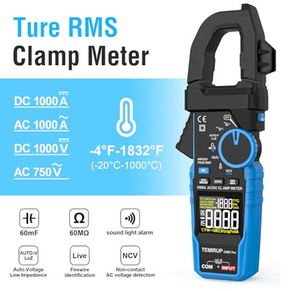 Inrush Digital Clamp Meter Multimeter - TEMIRUP T-RMS 6000 Counts 1000A Amp Voltage Tester with VFD, LOZ, Measures NCV, AC/DC Voltage Current, Continuity Capacitance Frequency Resistance, Temperature - size: CM87PRO, style: 1000A AC/DC Clamp Meter