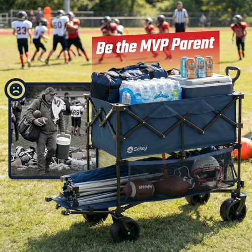 Sekey 500LBS Heavy Duty Double Decker Wagon with Extender, 400L Large Capacity Collapsible Garden Cart Fits 10x10 Canopy, All-Terrain Big Wheels with Brakes, Foldable Utility Wagon for Sports, Camping - color: Amber Blue