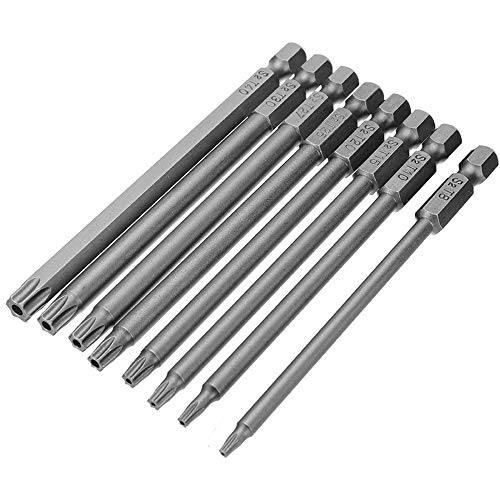 Mesee 8Pcs Magnetic Torx Head Screwdriver Bits with 1/4 Inch Shank, T8-T40 S2 Steel Star Torx Screwdriver Bit Set for Woodworking Home Repairing Tool Accessory - 100mm Length - size: 100mm