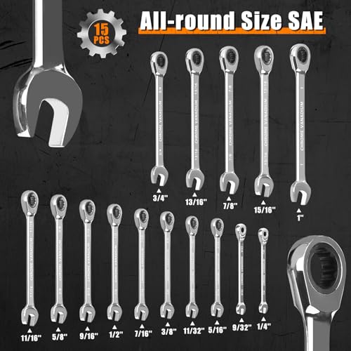 Egofine 15-piece SAE Ratcheting Wrench Set, SAE 1/4" to 1" Chrome Vanadium Steel, 12-Point, 72-Teeth Open End and Box End Combination Tool with a Roll Up Storage Bag - size: SAE-15 piece set
