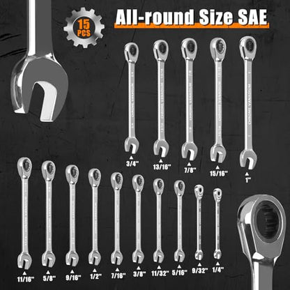 Egofine 15-piece SAE Ratcheting Wrench Set, SAE 1/4" to 1" Chrome Vanadium Steel, 12-Point, 72-Teeth Open End and Box End Combination Tool with a Roll Up Storage Bag - size: SAE-15 piece set