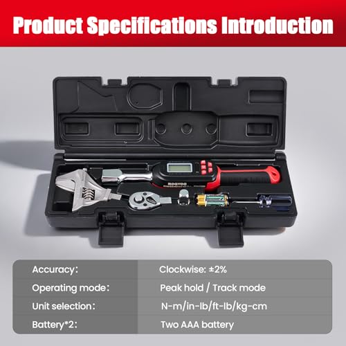 Adjustable Digital Torque Wrench 5-100 ft.lb/6.8-135 N.m, Interchangeable Electronic Torque Wrench with 42 mm Open End and 1/2 inch Ratchet, 2% Accuracy, LED Buzzer Alert, for HVAC - color: Red