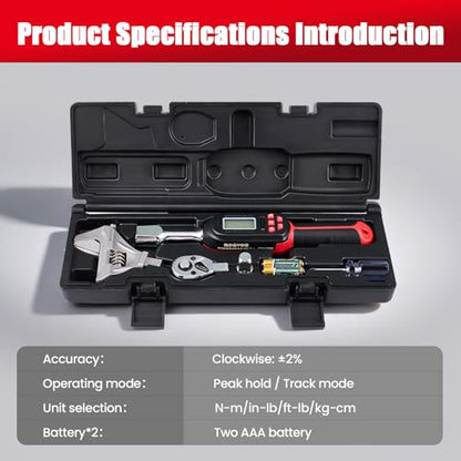 Adjustable Digital Torque Wrench 5-100 ft.lb/6.8-135 N.m, Interchangeable Electronic Torque Wrench with 42 mm Open End and 1/2 inch Ratchet, 2% Accuracy, LED Buzzer Alert, for HVAC - color: Red