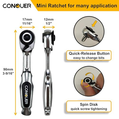 CONQUER 22pc Mini Ratchet Screwdriver Set, 1/4" Right Angle Phillips Kit | 72-tooth gear, 5° swing, 48 ft-lbs torque, Cr-V/S2 steel, spin disk, quick-release bits, EVA tray, EDC tight-space tool - style: 22 PC Mini Ratchet set