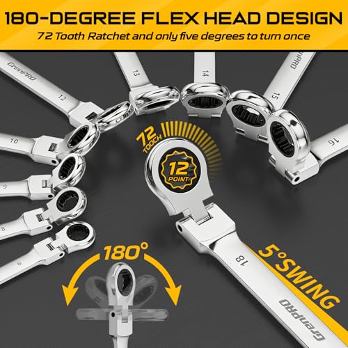 GRENPRO Ratchet Wrenches Set, 23PC Flex Head Ratcheting Wrench Set Metric and Standard & SAE, 6-18mm & 1/4" to 3/4" with Color Ring, CRV Open End Tool Organizer Pouch, Combination Ratchet Wrench Sets - style: 23PCS Flex Head Ratcheting Wrench Set Metric&S