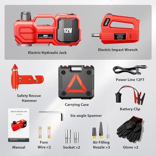 6T Electric Car Jack, 12V Portable Hydraulic Jack with Built-in Inflatable Pump, 550N·m Impact Wrench & LED Light, Lifting Height 6.1-17.7 Inch for SUV/Sedan/Truck/MPV Tire Change & Garage Repair