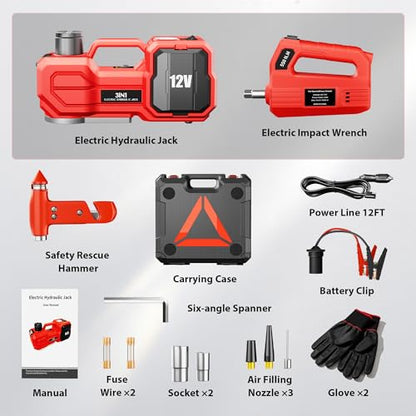 6T Electric Car Jack, 12V Portable Hydraulic Jack with Built-in Inflatable Pump, 550N·m Impact Wrench & LED Light, Lifting Height 6.1-17.7 Inch for SUV/Sedan/Truck/MPV Tire Change & Garage Repair