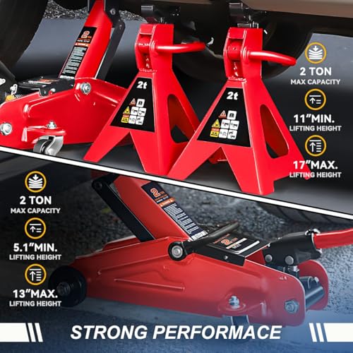 Auto Dynasty 2 Ton (4000 lbs) Capacity Floor Jack Low Profile Garage Hydraulic Trolley Service Lift Floor Jack Combo with Ratchet Jack Stands for SUV, Car and Truck, Red - color: Red