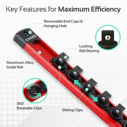 CHAGO 3PC Magnetic Socket Organizer, 40 Clips 1/4" 3/8" 1/2" Aluminum Swivel Rail