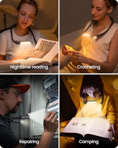 Glocusent Bendable Neck Light, 100 Hours Reading Light for Book Lover Gifts | Hands-Free, Knitting, Crafting, Repairing, 5-Color, Stepless Dimming, Ergonomic, Rechargeable, Eye Care, Sleep Aid, Traveling - color: Gray