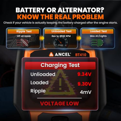 ANCEL BT410 12V 24V Car Battery Tester for Lead-Acid & Lithium Batteries, 100-2000 CCA Automotive Battery Load Tester Health Cranking Charging System Alternator Test for Motorcycle Car Truck RV Boat