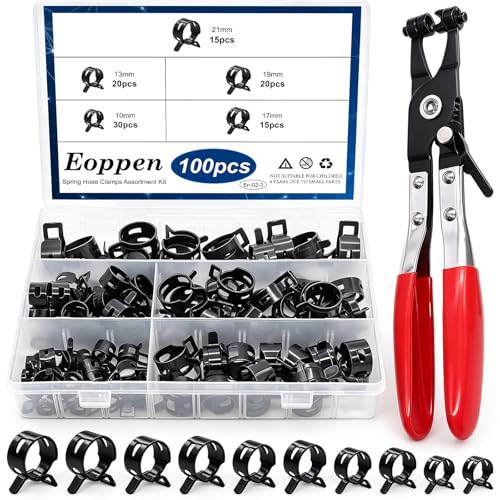 100Pcs 10-21mm Spring Hose Clamps Assortment Kit with Swivel Flat Band Fuel Hose Clamp Plier - 5 Sizes Fuel Line Silicone Vacuum Hose Low Pressure Air Clamps - color: 100pcs - 5 Sizes + Plier (Black)