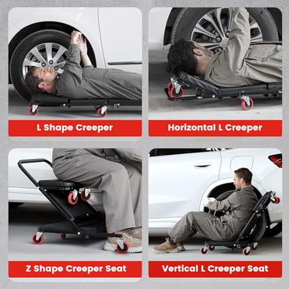 KROAK Creeper, 40 Inches 4 in 1 Z Creeper Seat 2025 Upgraded 450 lbs Capacity Garage Chair Adjustable Rolling Folding Car Creeper with 6 pcs 3" Wheels,Lay Down or Sit for Garage, Shop, Auto Repair