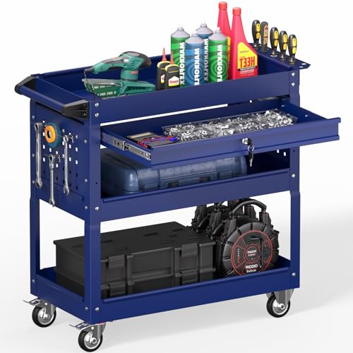 3 Tier Rolling Tool Cart on Wheels, Heavy Duty Service Cart Industrial Utility Cart with Drawer and Screwdriver Rack Pegboard, 550 LBS Mobile Tool Storage Organizer for Garage, Workshop (DARKBLUE) - color: Darkblue