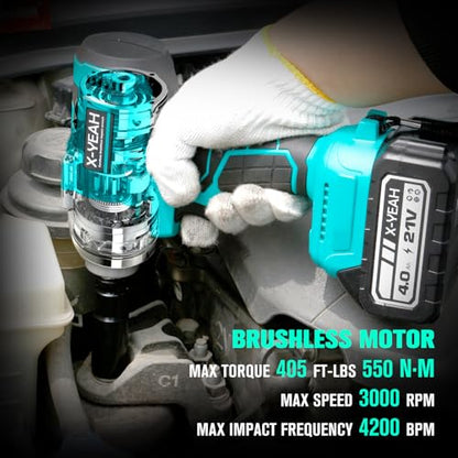 Impact Wrench - 1/2" Impact Gun, Power Impact Driver Max Torque 406 Ft-lbs(550N.m), Cordless Impact Wrench with 21V 4.0Ah Li-ion Battery & Charger,4 PCS Impact Sockets