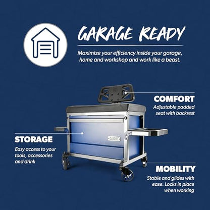 URBANTRANSIT The Beast Heavy Duty Shop Stool with Backrest - 500 Lb Capacity Rolling Stool for the Garage with Tool Storage, Cupholder and 360 Degree Wheels - an Ideal Workshop and Mechanic Stool