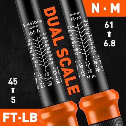HORUSDY 3/8" 5PCS Torque Wrench Set(5–45 ft-lb/ 6.8–61 Nm) – Torque Wrench 3/8 Drive with 3" Extension, 3/8" to 1/4" & 3/8" to 1/2" Adapters, Case for Bike, Car, Moto & Other Repair - size: 5–45 ft-lb, style: 3/8" drive with 3" Extension, 3/8" to 1/4" & 3