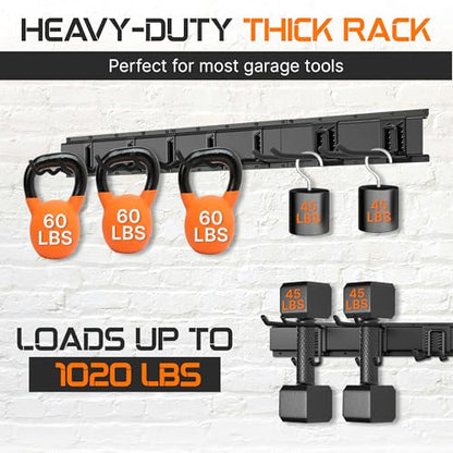 "96 Garage Tool Organizer Wall Mount - Heavy Duty 1020 lbs Metal Storage Rack, Easy Install Adjustable Hooks for Garden Tools Brooms - size: 96 Inch