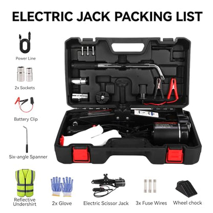 EFFIROSO Premium 10 in 1 Electric Scissor Jack Enhanced Safety 3 Ton Car Jack Kit Automatic 12V Tire Repair Kit for Sedans SUV Tire Replacement - color: black