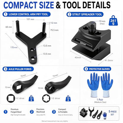 5 Pcs Suspension Tool Set, Strut Spreader Tool & Lower Control Arm Prying Tools, Protective Gloves, Ball Joint Removal Tools for FWD, Import & Domestic Vehicles, Heavy Duty Steel for Automotive Repair