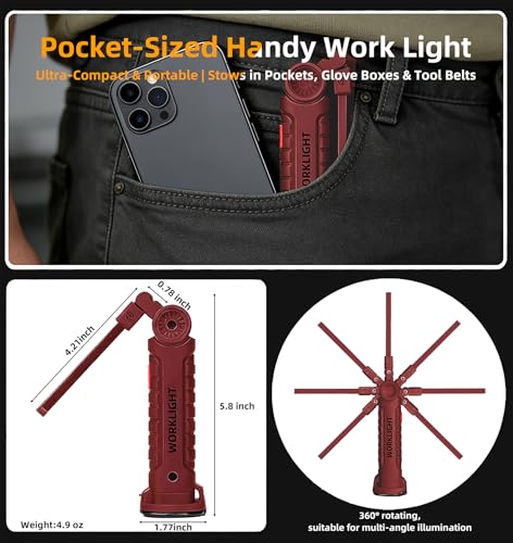 Rechargeable Work Light Flashlight, Tool Fathers Day Dad Gifts for Men Him Husband Grill Light Inspection Lamp with Magnetic Base Hook, 5 Modes 360° Rotate Car Emergency Repair 4 Pack - color: RED 4PCS