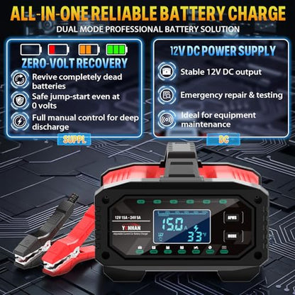 YONHAN Battery Charger 0-15A 12V/24V Adjustable Current | LiFePO4 Car Battery Charger, Battery Maintainer Automatic Trickle Charger, Battery Desulfator w/Temp Compensation