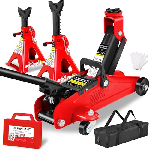 2 Ton (4000 lbs) Capacity Floor Jack Low Profile Garage Hydraulic Trolley Service Lift Floor Jack Combo with Ratchet 3 Ton Jack Stands for SUV, Car and Truck, Red - color: 2Ton with Jack stands+Tire repair kit Red