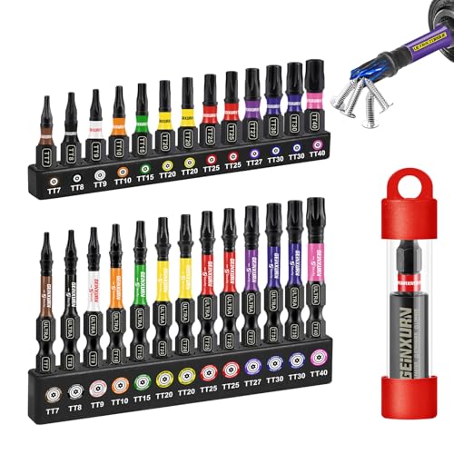 Geinxurn Impact Security Torx Screwdriver Bits Set,26Pcs 1”/2”Magnetic（TT7-TT40）S2 Steel Multi Star Driver Bits and 1Pc Bit Holder with Color Coded Base - size: 27pcs-TT, style: Torx