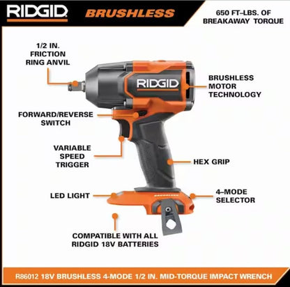 18V BRUSHLESS 4-Mode 1/2 in. MID-Torque Impact Wrench KIT with PIN Detent, 4.0 AH MAX OU