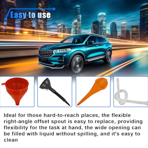 6PCS Car Funnel Set, Flexible Wide Mouth Oil Funnel, Plastic Long Neck Oil Funnels, Car Funnel Accessories for Water Engine Oil Gasoline Coolant, Right Angle Fuel Funnel with Removable Nozzle & Filter