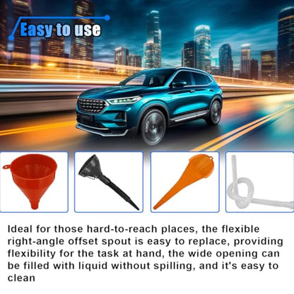 6PCS Car Funnel Set, Flexible Wide Mouth Oil Funnel, Plastic Long Neck Oil Funnels, Car Funnel Accessories for Water Engine Oil Gasoline Coolant, Right Angle Fuel Funnel with Removable Nozzle & Filter