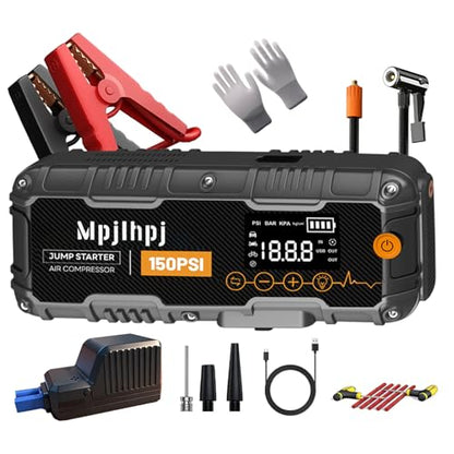 Jump Starter with Air Compressor, 4000A Portable Car Battery Jump Starter (10L Gas/8L Diesel), 12V Jump Pack with 150PSI Auto-Shutoff Tire Inflator, LED Light, Gloves & Car Emergency Kit - color: BLACK