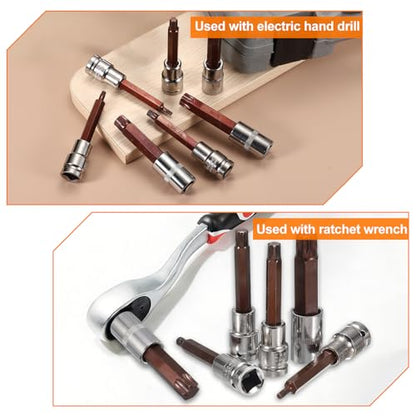 HARFINGTON Torx Bit Socket 1/2" Drive T52 S2 Steel 6 Point Head Long Screwdriver Drill Bits CR-V Steel Socket Adapter for Home Auto Axle Hex Nuts Bolts Repair - size: T52