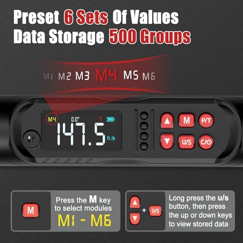 VANPO 1/2 Drive Digital Angle Torque Wrench 7.4-147.5 Ft.lb, ±2% Accuracy | 10-200 Nm Electronic Torque Wrench, Buzzer LED Vibration Alarm, Perfect Tools for Tire Lug Nuts & Car Engine Repair - size: 7.4-147.5 ft.lb/10-200 N.m (1/2-Inch)