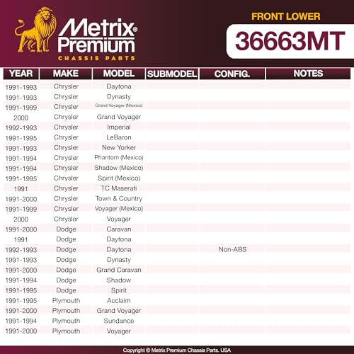 Metrix Premium Chassis Parts - Front Lower Ball Joint Fits 91-93 Chrysler Daytona, 91-93 Dynasty, 91-00 Grand Voyager, 92-93 Imperial, 91-95 LeBaron, 91-93 New Yorker, 91-94 Phantom, Shadow, Sundance - size: K7257