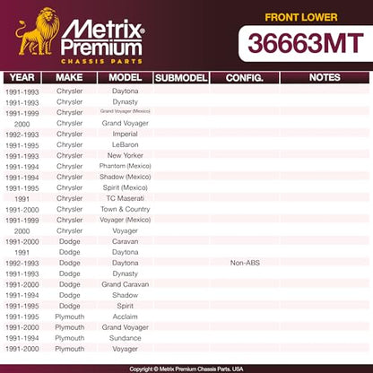 Metrix Premium Chassis Parts - Front Lower Ball Joint Fits 91-93 Chrysler Daytona, 91-93 Dynasty, 91-00 Grand Voyager, 92-93 Imperial, 91-95 LeBaron, 91-93 New Yorker, 91-94 Phantom, Shadow, Sundance - size: K7257