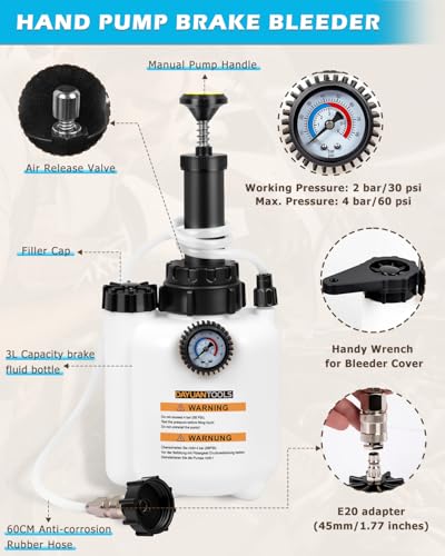 DAYUAN 3L Hand Brake Fluid Bleeder Bleeding One Man Tool Kit | Fits Most European Models, Quick Release & Locking Chuck, E20 Adapter, 3L Pressure Tank, 1L Suction Tank