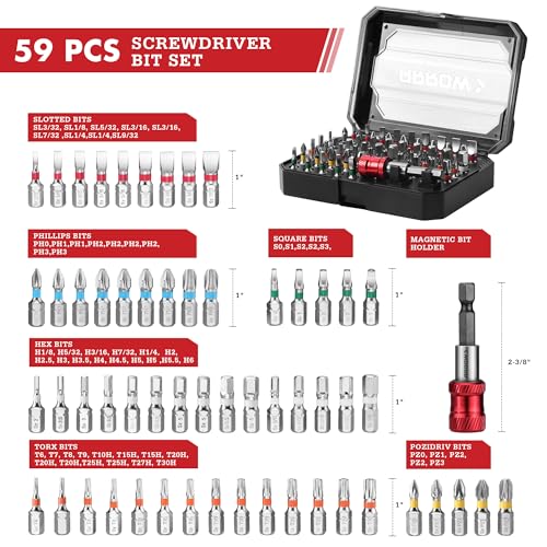 ARROW 59-Piece 1/4" Screwdriver Bit Set, S2 Steel Color-Coded Bits | Magnetic Bit Holder & Storage Case, Compatible with Power Drill, Screwdriver, and Mini Ratchet Wrench - style: 59 PCS Screwdriver Bit Set