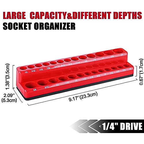 2-Piece Magnetic Socket Holder - 1/4 Inch Drive Metric SAE Socket Trays Tool Storage Set - Holds 52 Sockets for Tool Box Drawer