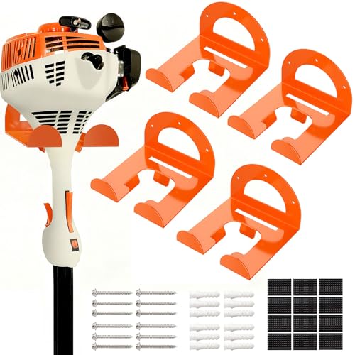 Weed Eater Hanger, Garage Organizer Trimmer Rack Wall Mount, Garden Power Tool Holder Garage Hooks for Grass Trimmer, Hedge Trimmer, Leaf Blower and Chainsaw Storage, 4 Pack - color: Orange-4 Pack